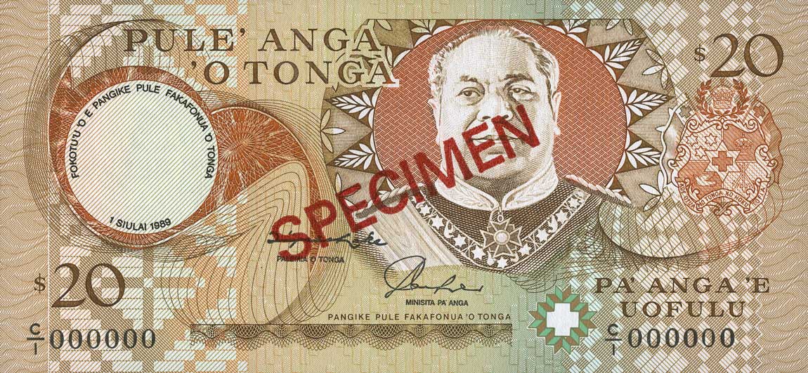 Front of Tonga p30s: 20 Pa'anga from 1989