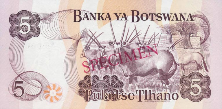 Back of Botswana p11s: 5 Pula from 1992