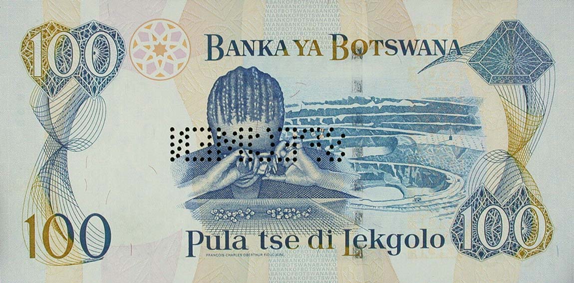 Back of Botswana p23s: 100 Pula from 2000