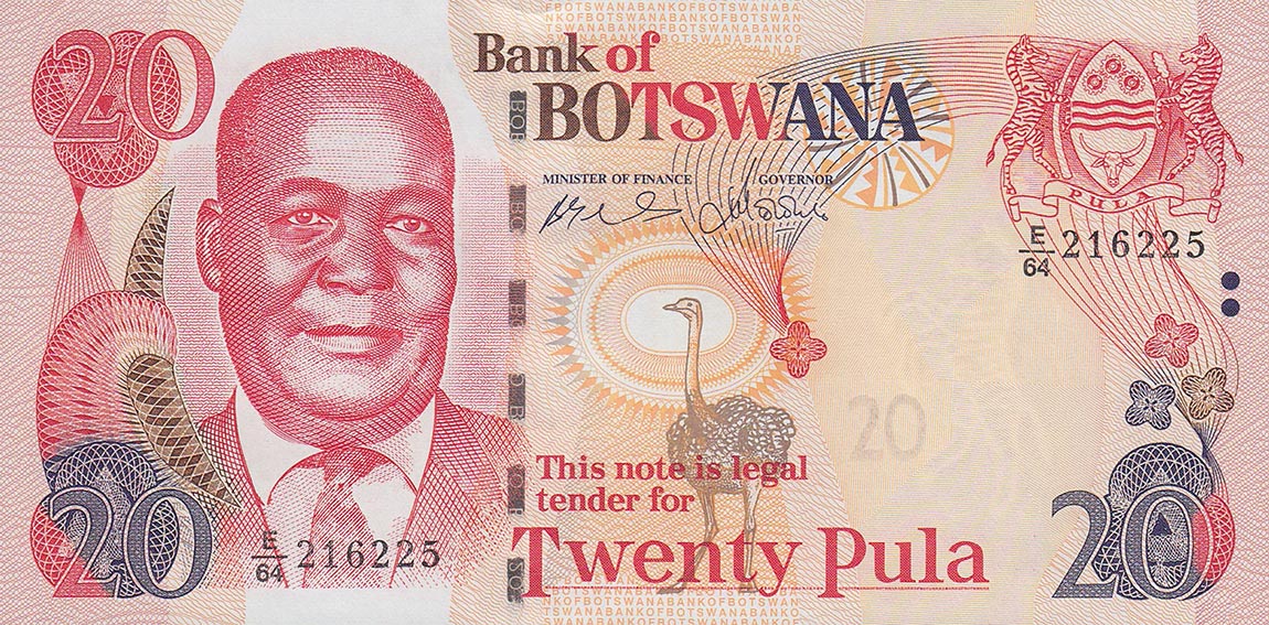 Front of Botswana p25a: 20 Pula from 2002