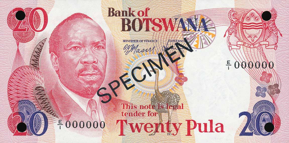 Front of Botswana p5s1: 20 Pula from 1979