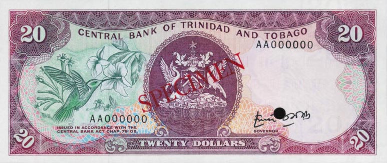 Front of Trinidad and Tobago p39s: 20 Dollars from 1985
