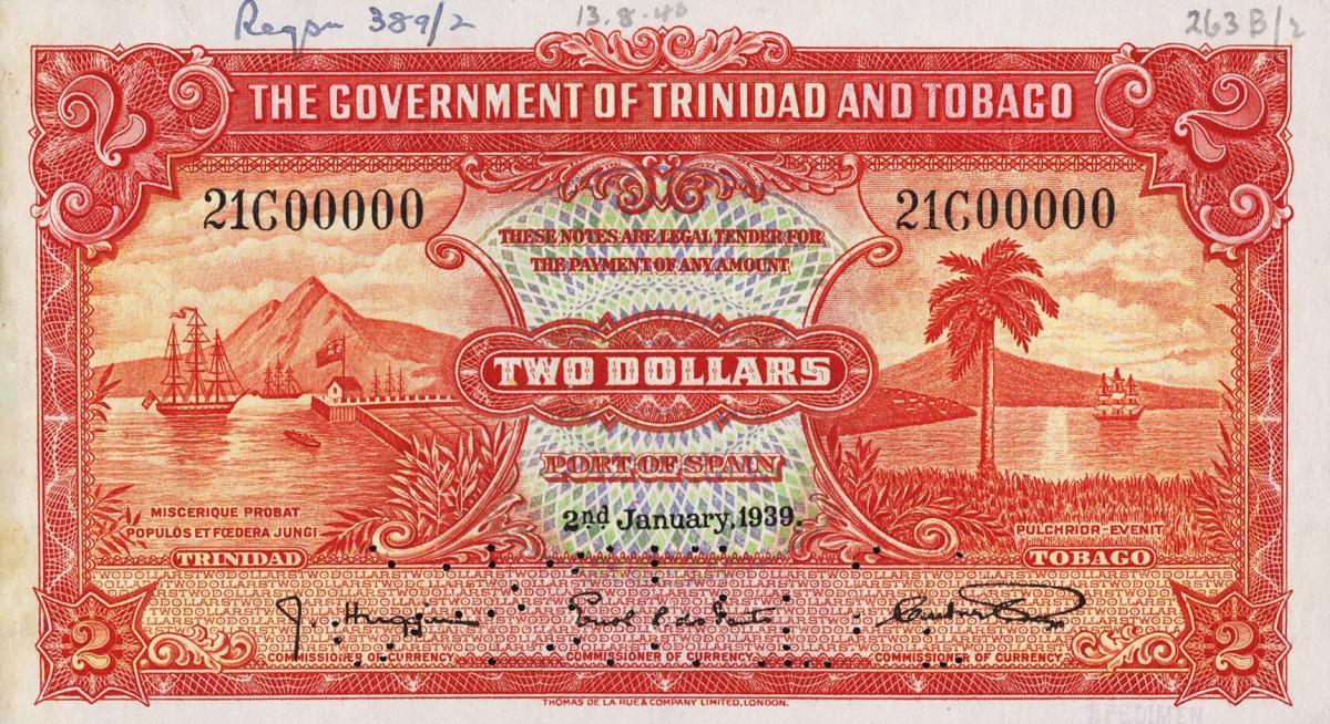 Front of Trinidad and Tobago p6s: 2 Dollars from 1934