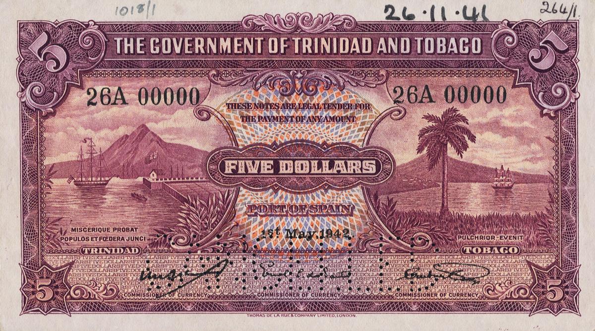 Front of Trinidad and Tobago p7s: 5 Dollars from 1935