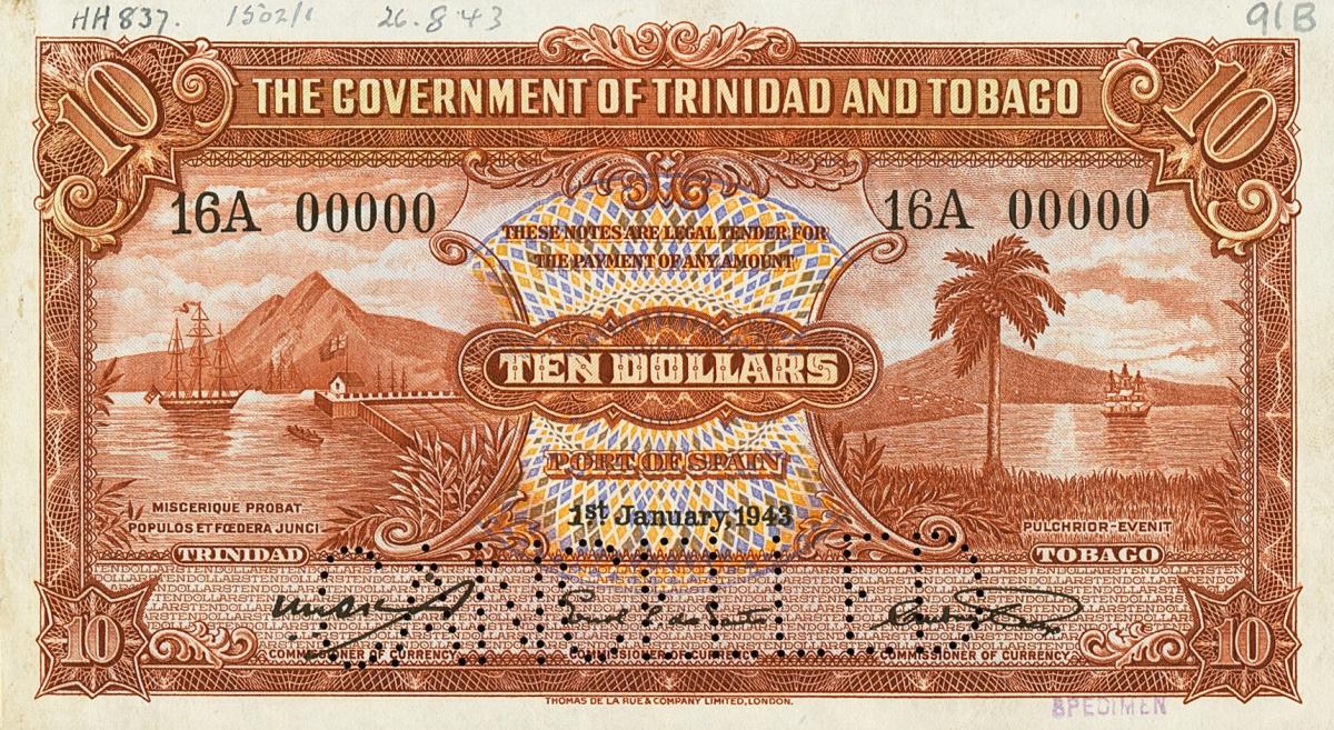 Front of Trinidad and Tobago p9s: 10 Dollars from 1939