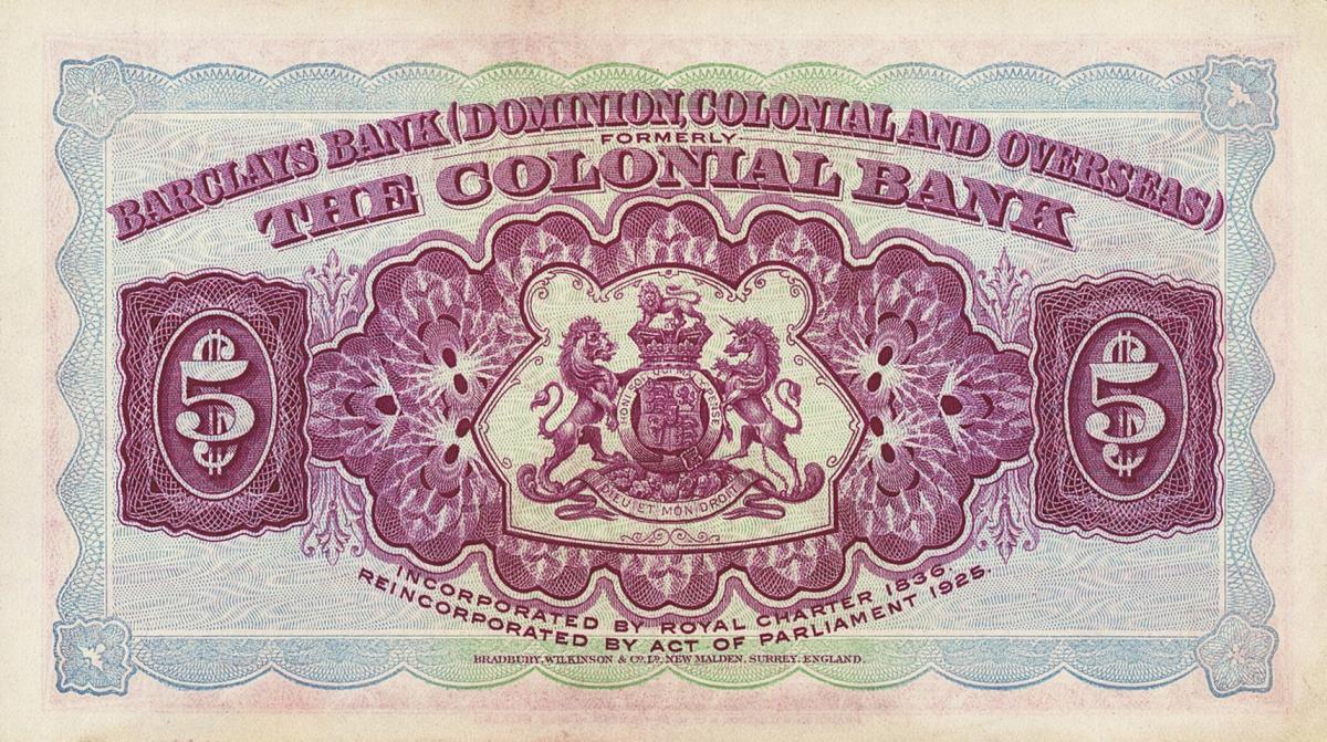 Back of Trinidad and Tobago pS102a: 5 Dollars from 1937