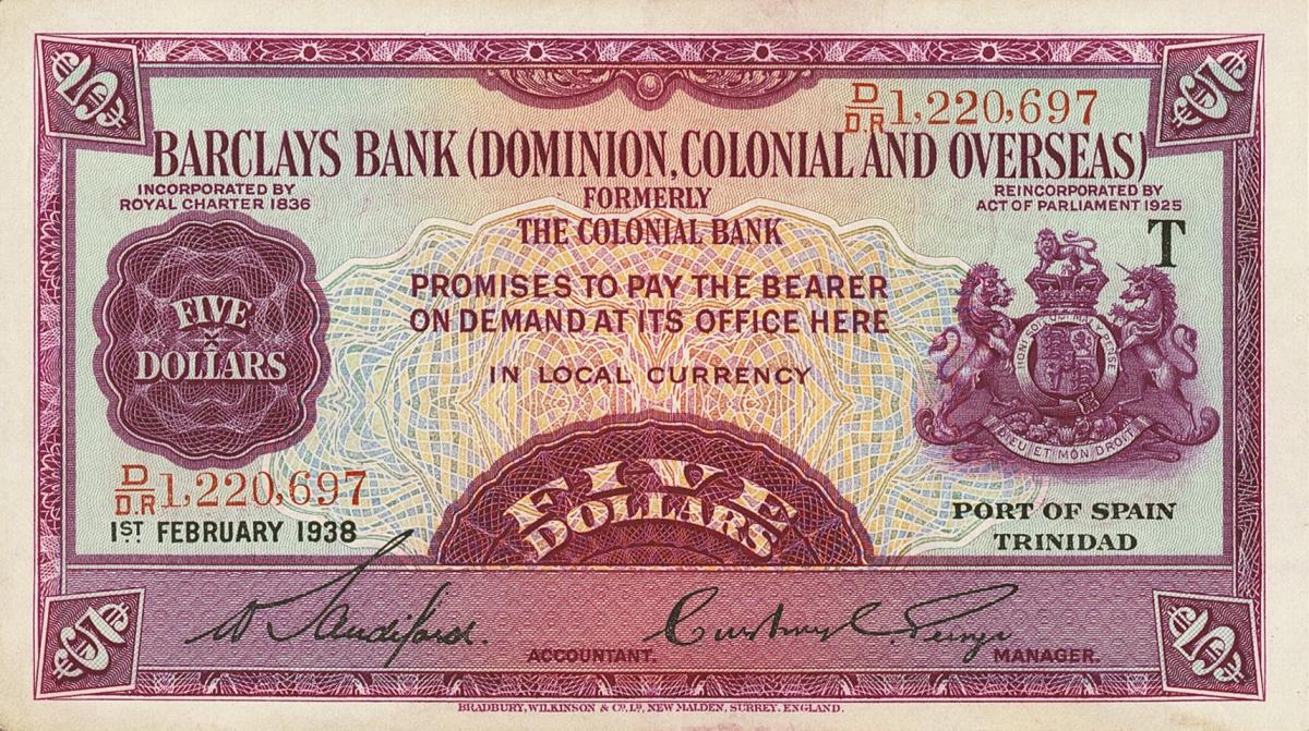 Front of Trinidad and Tobago pS102a: 5 Dollars from 1937