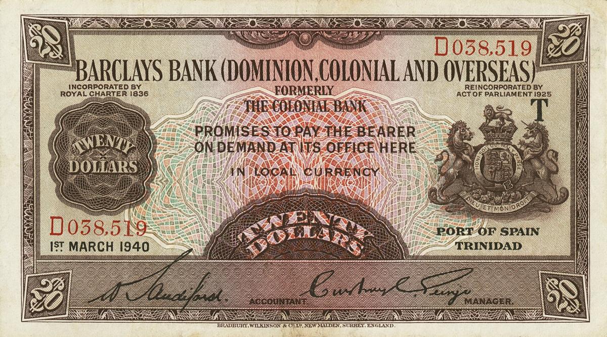 Front of Trinidad and Tobago pS103a: 20 Dollars from 1937