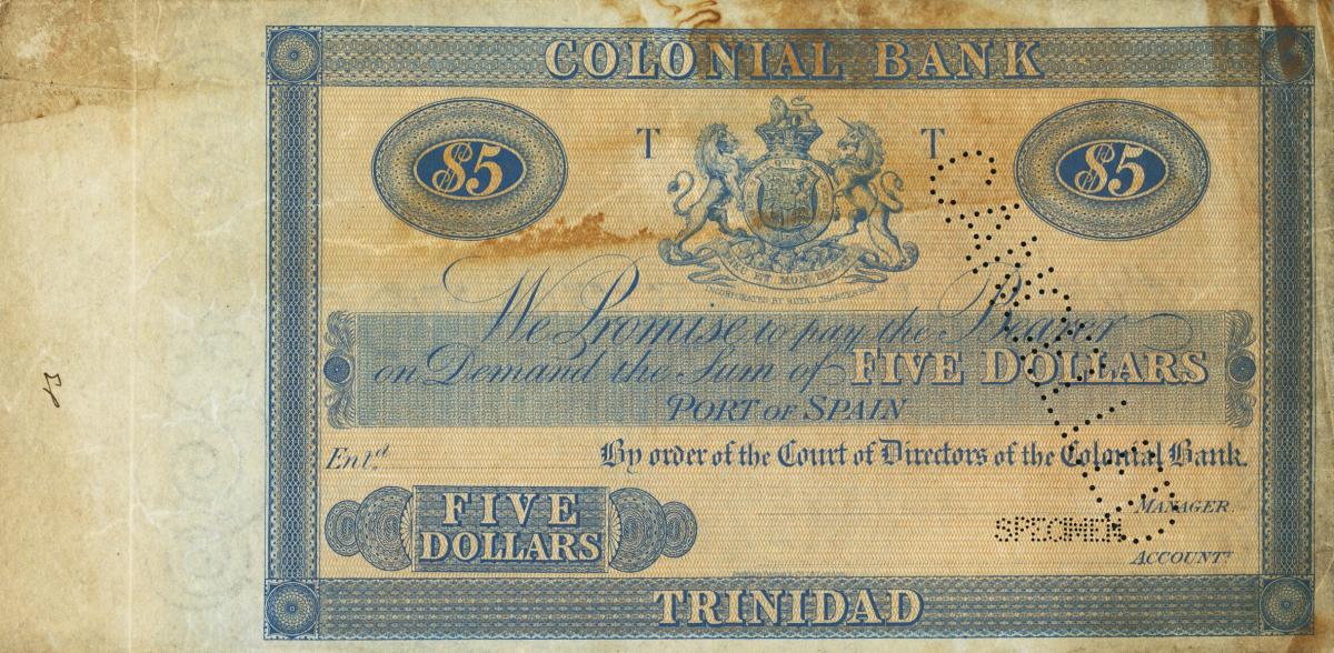 Front of Trinidad and Tobago pS120s: 5 Dollars from 1901