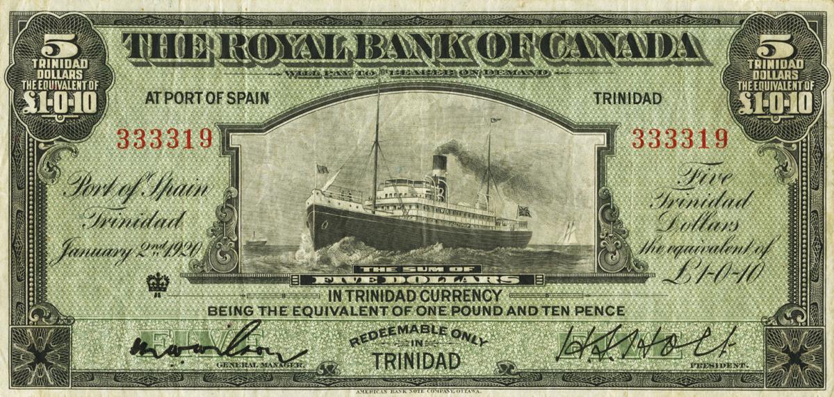 Front of Trinidad and Tobago pS151a: 5 Dollars from 1920