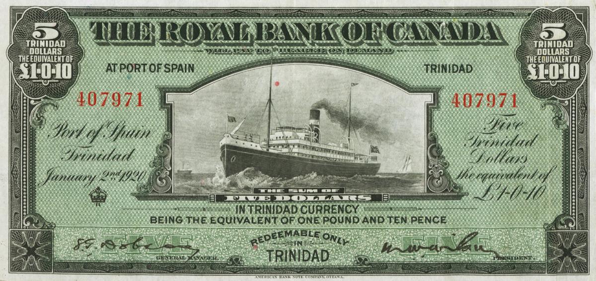 Front of Trinidad and Tobago pS151b: 5 Dollars from 1920