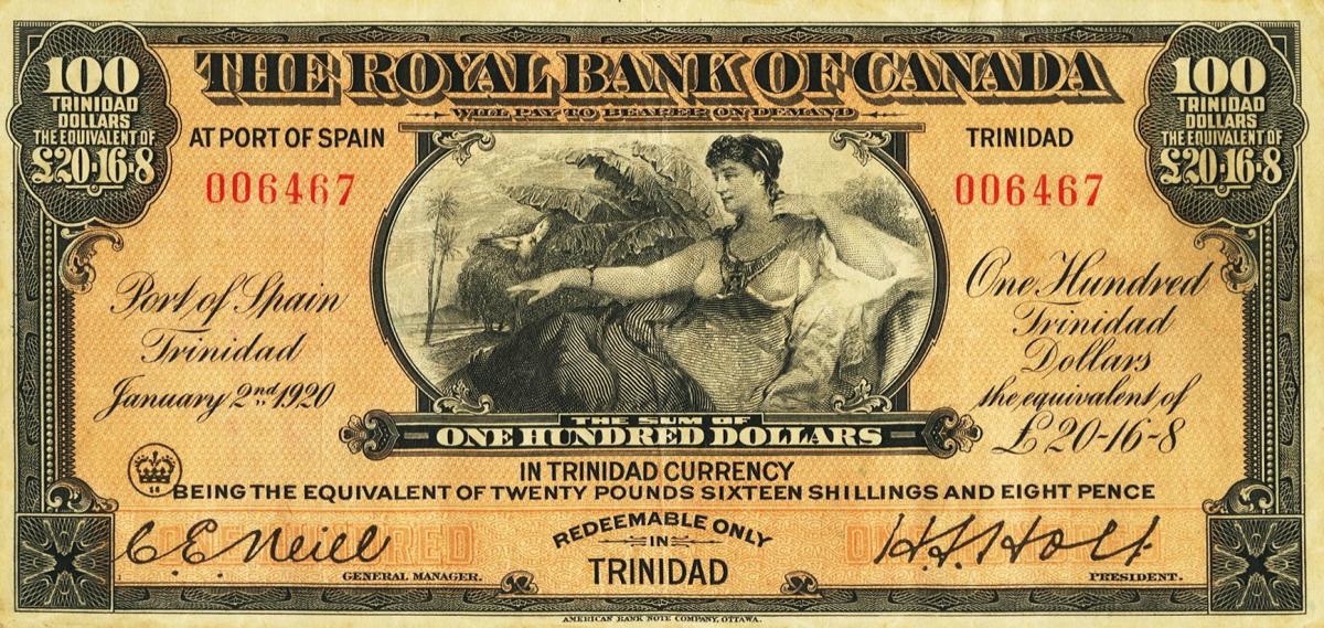 Front of Trinidad and Tobago pS153a: 100 Dollars from 1920