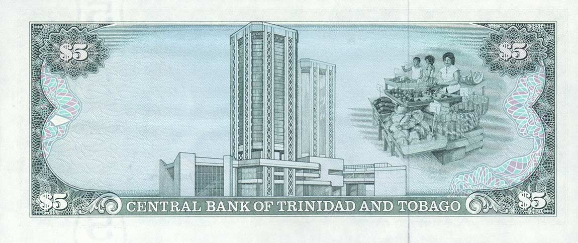 Back of Trinidad and Tobago p37c: 5 Dollars from 1985
