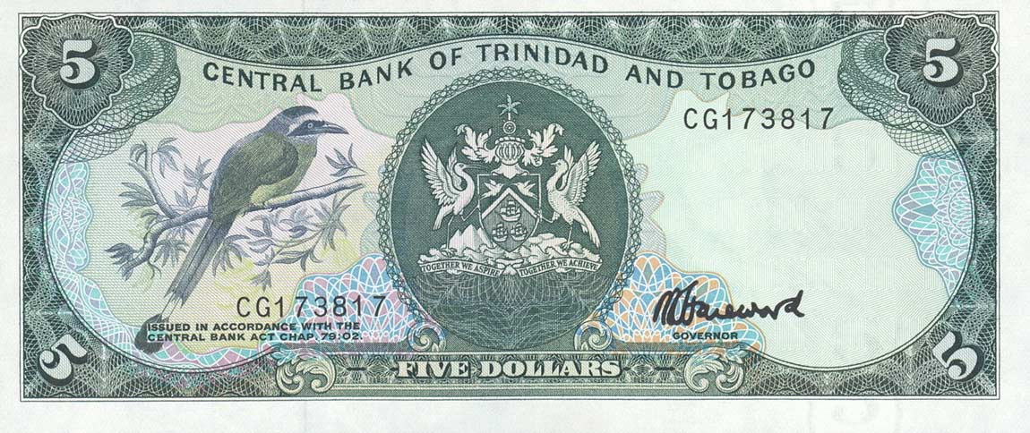Front of Trinidad and Tobago p37c: 5 Dollars from 1985