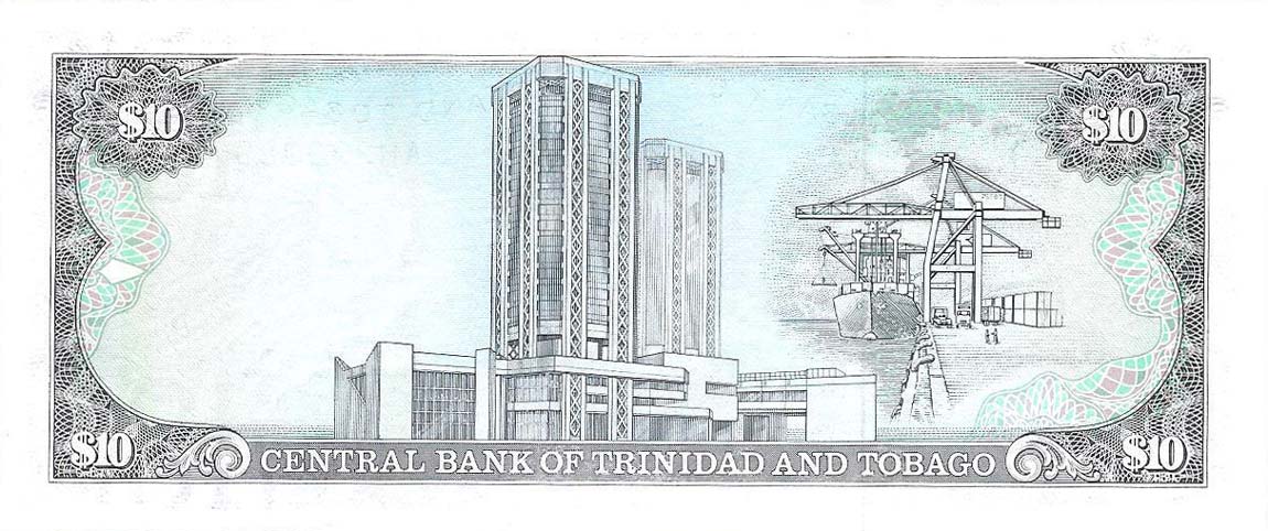 Back of Trinidad and Tobago p38b: 10 Dollars from 1985