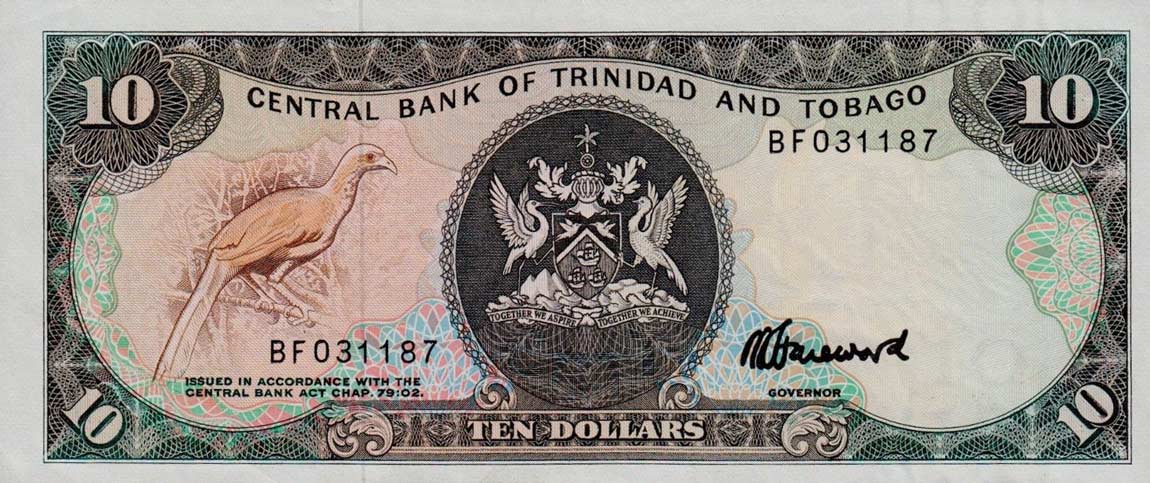 Front of Trinidad and Tobago p38c: 10 Dollars from 1985