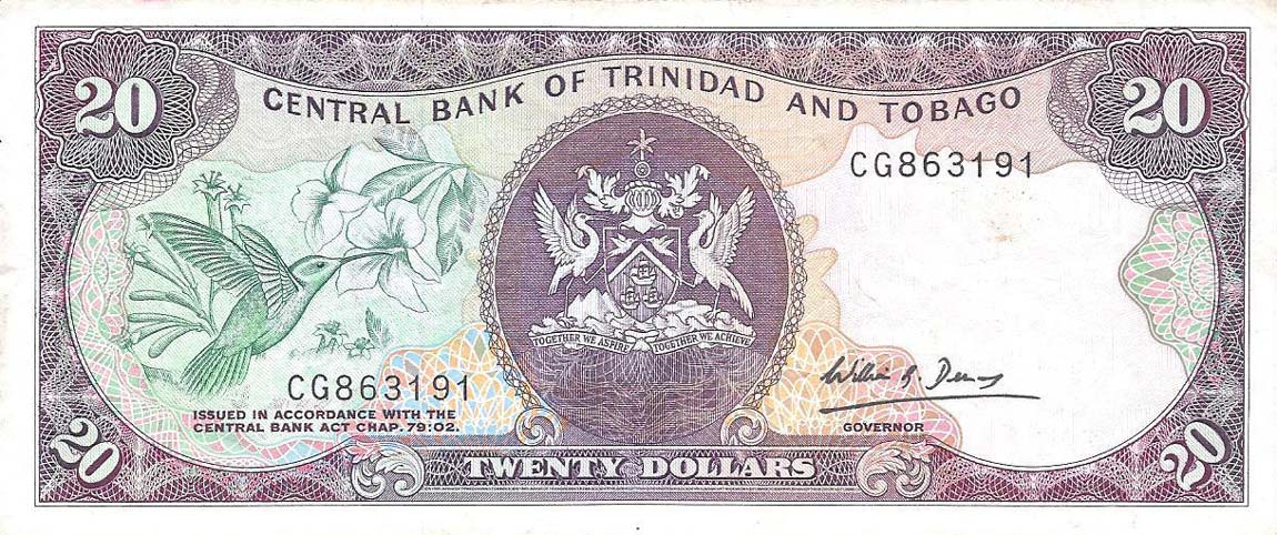 Front of Trinidad and Tobago p39b: 20 Dollars from 1985