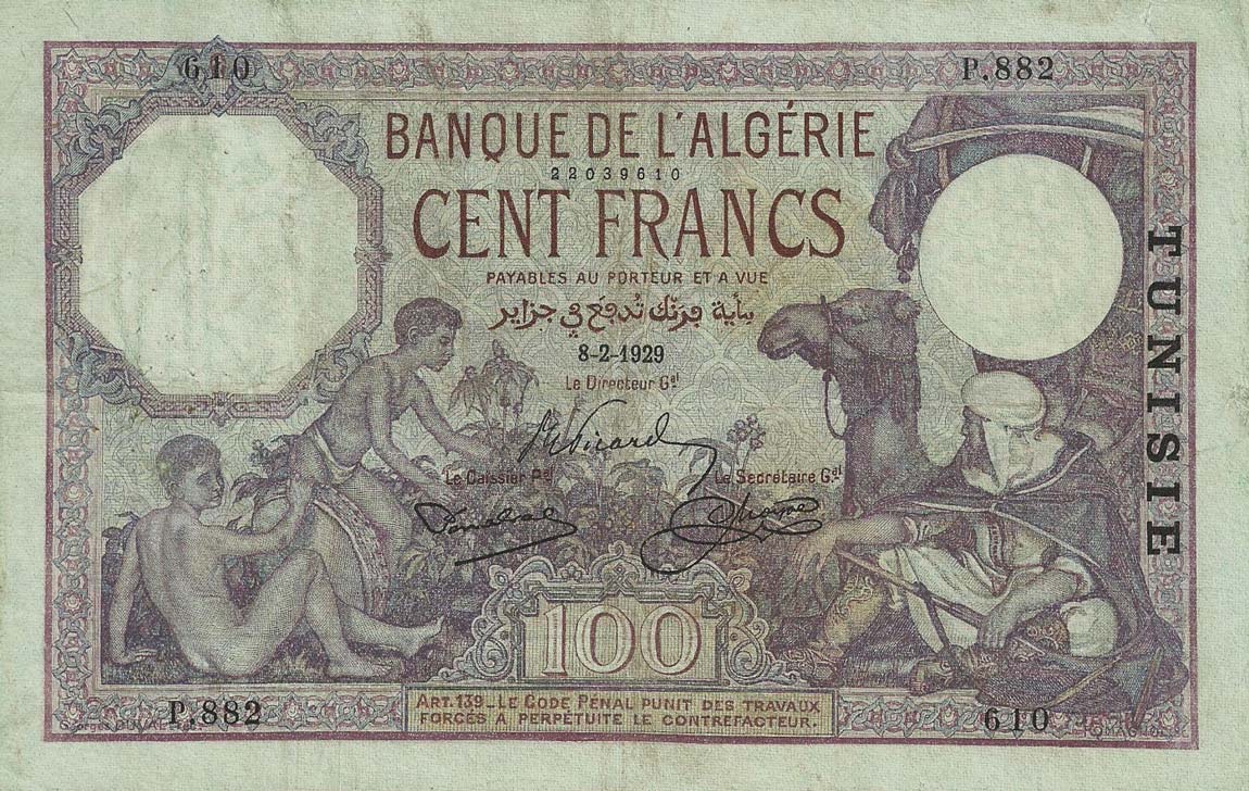 Front of Tunisia p10a: 100 Francs from 1921