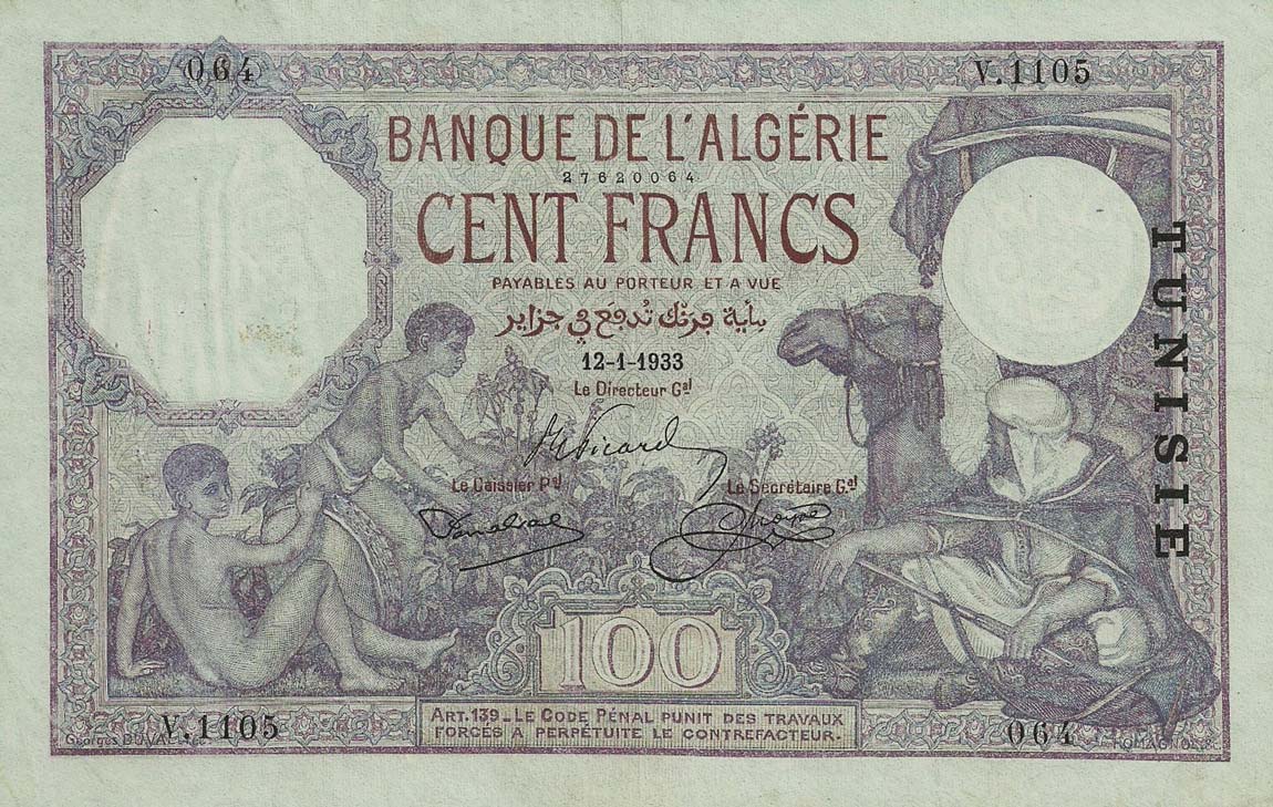 Front of Tunisia p10b: 100 Francs from 1933