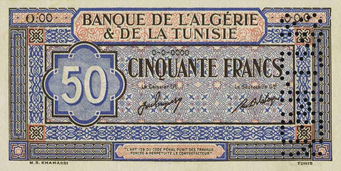 Front of Tunisia p23s: 50 Francs from 1949