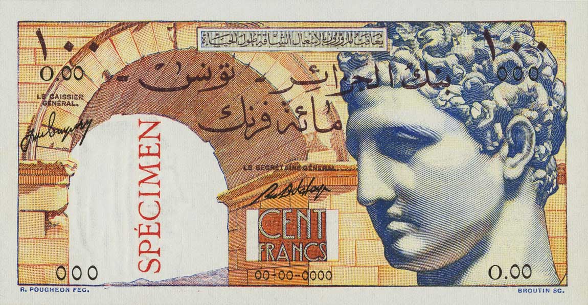 Front of Tunisia p24s: 100 Francs from 1946