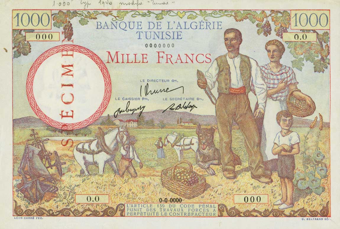 Front of Tunisia p26s: 1000 Francs from 1946