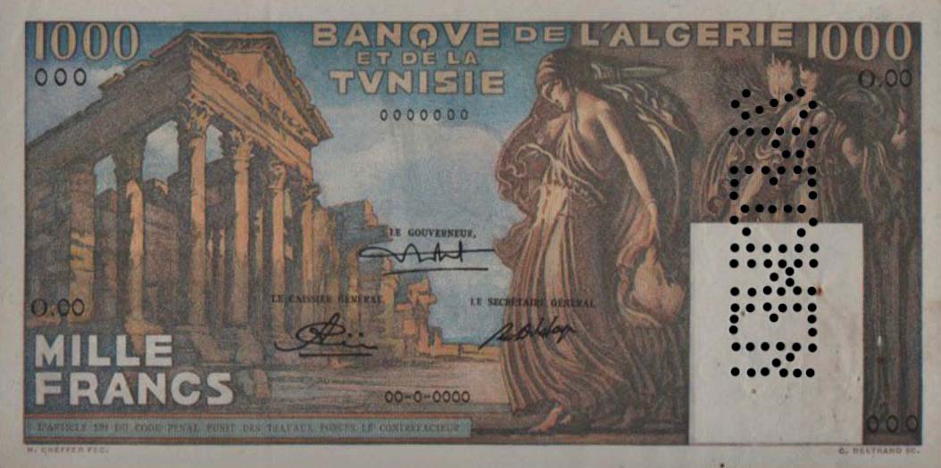 Front of Tunisia p29s: 1000 Francs from 1950