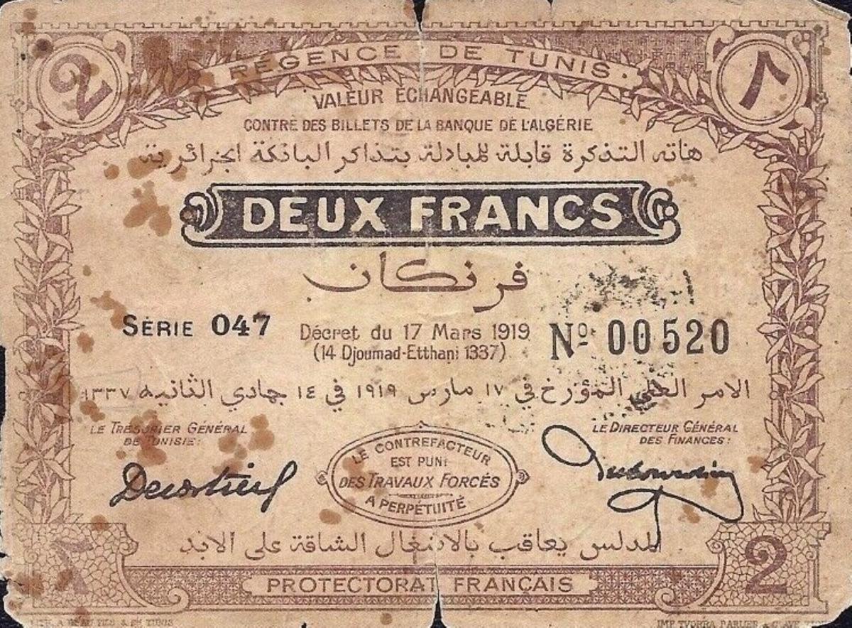 Front of Tunisia p47a: 2 Francs from 1919