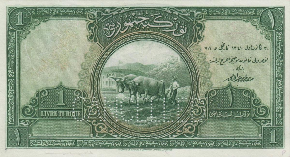 Front of Turkey p119s1: 1 Livre from 1926