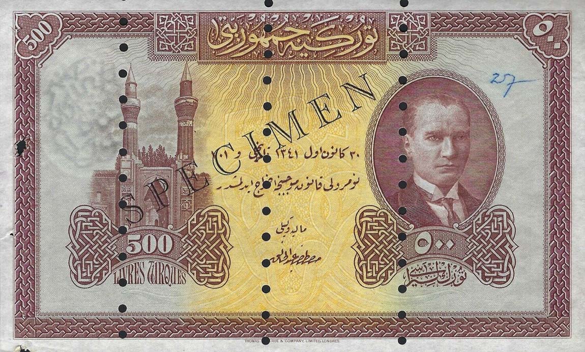 Front of Turkey p124s: 500 Livres from 1926