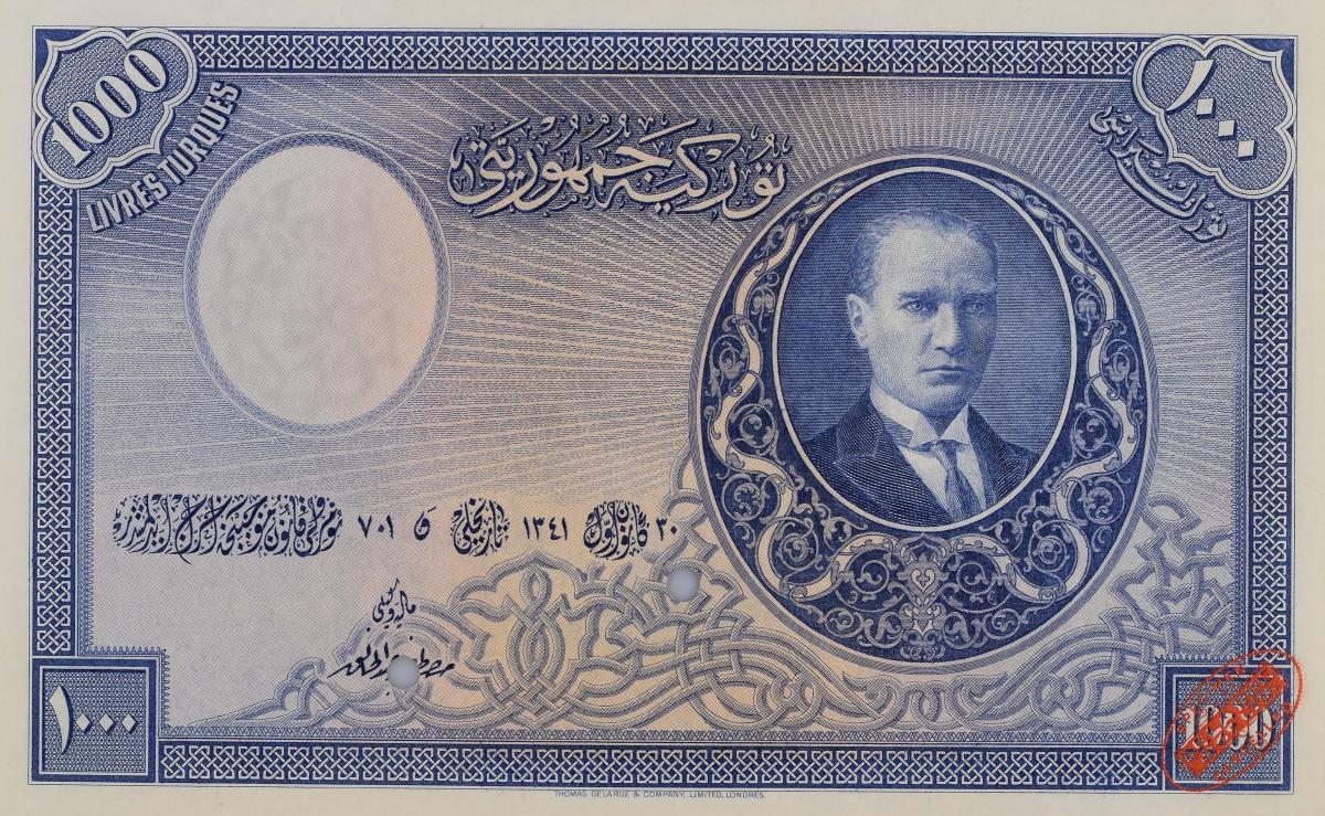 Front of Turkey p125s: 1000 Livres from 1926