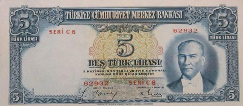 Front of Turkey p127: 5 Lira from 1937