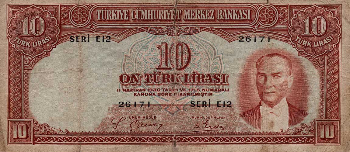 Front of Turkey p128: 10 Lira from 1938