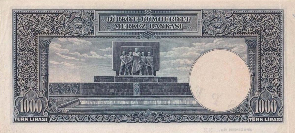 Back of Turkey p132s: 1000 Lira from 1939