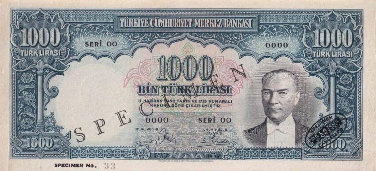 Front of Turkey p132s: 1000 Lira from 1939