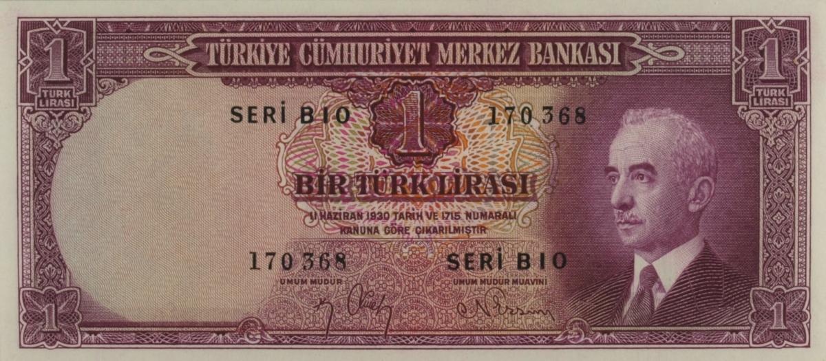 Front of Turkey p135: 1 Lira from 1942