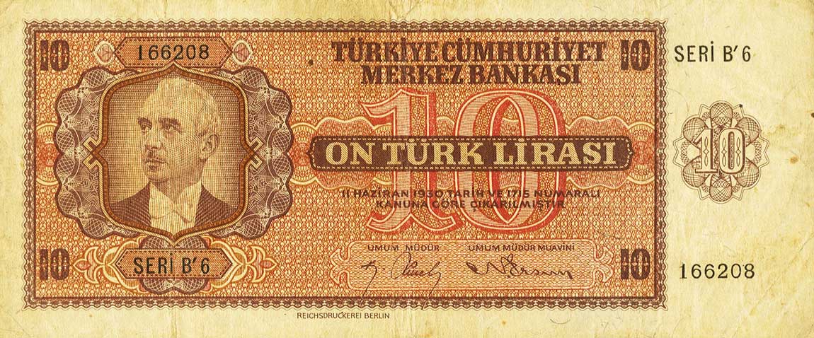 Front of Turkey p141: 10 Lira from 1942