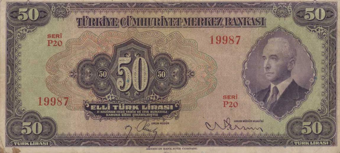 Front of Turkey p142a: 50 Lira from 1942