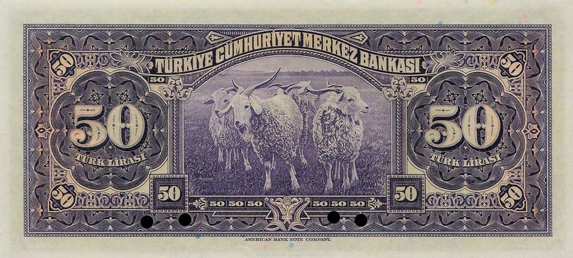 Back of Turkey p142s: 50 Lira from 1942