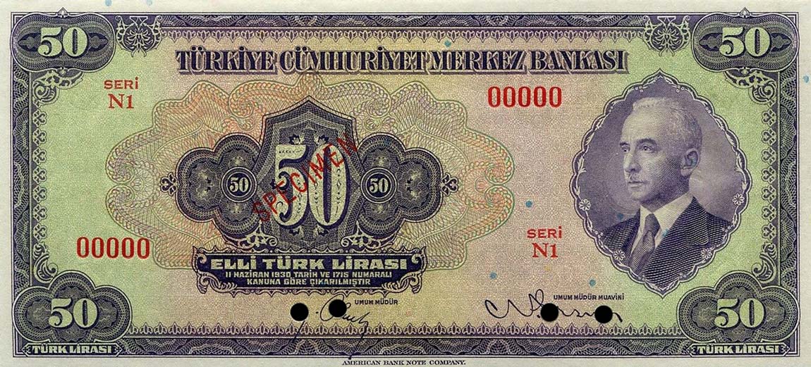 Front of Turkey p142s: 50 Lira from 1942