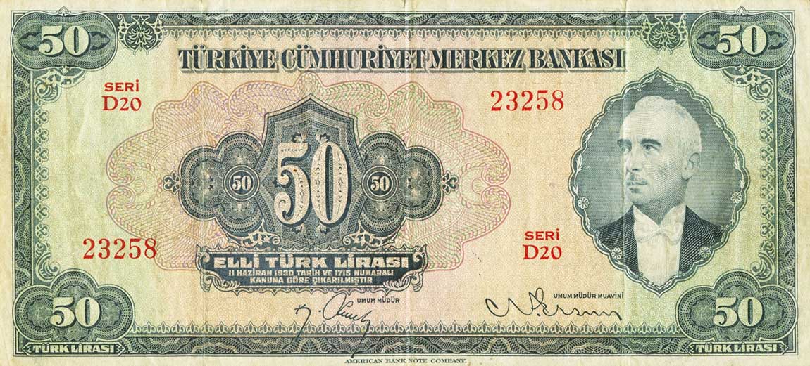 Front of Turkey p143a: 50 Lira from 1947