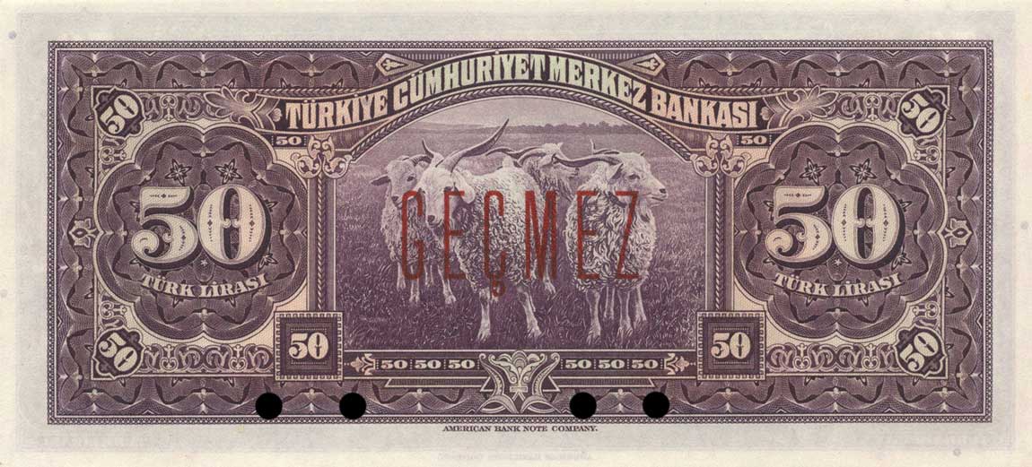 Back of Turkey p143ct: 50 Lira from 1947