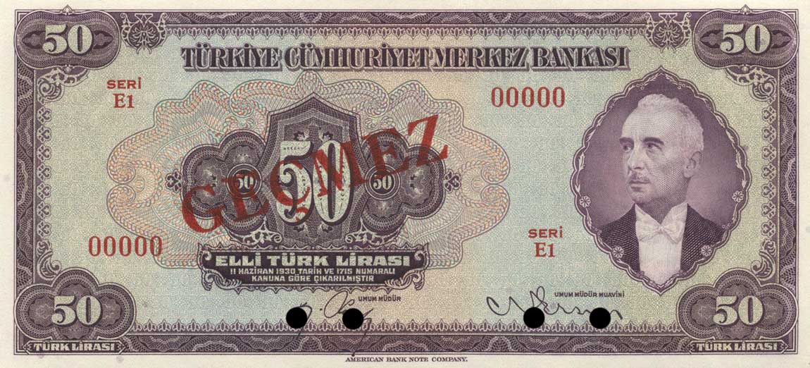 Front of Turkey p143ct: 50 Lira from 1947