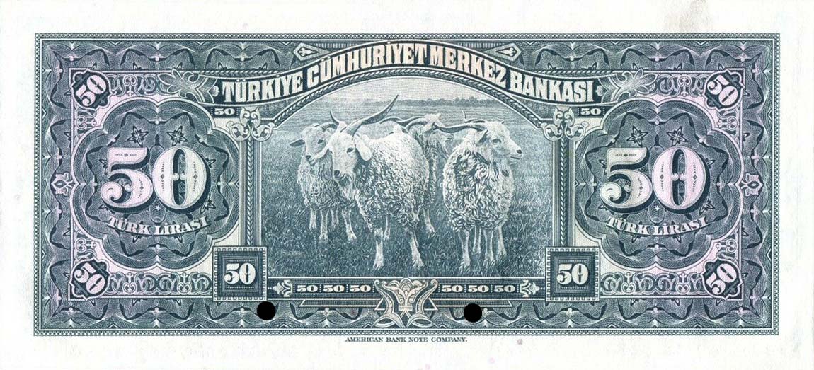 Back of Turkey p143s: 50 Lira from 1947