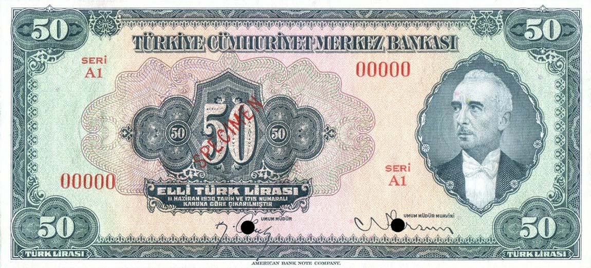 Front of Turkey p143s: 50 Lira from 1947