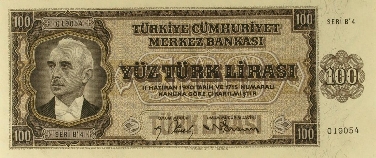 Front of Turkey p144a: 100 Lira from 1942