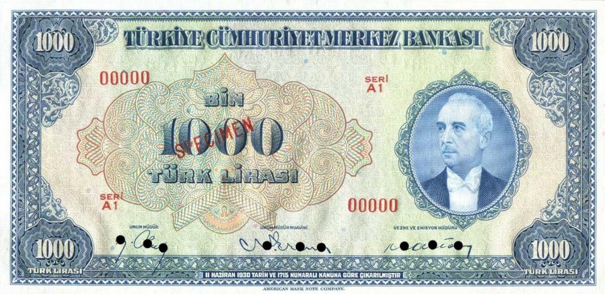 Front of Turkey p146s: 1000 Lira from 1946