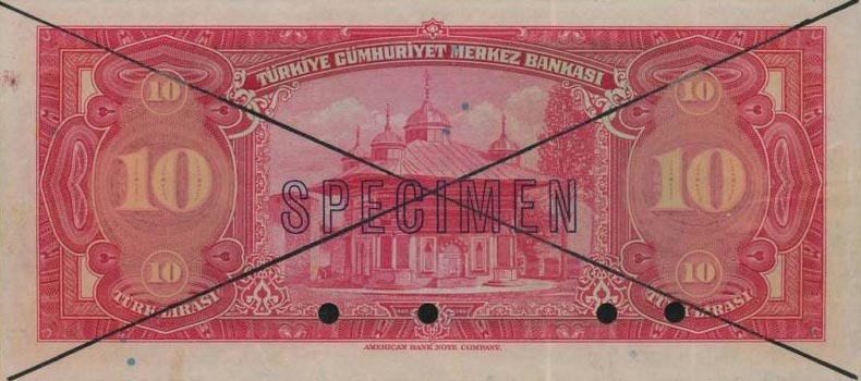 Back of Turkey p147s: 10 Lira from 1947