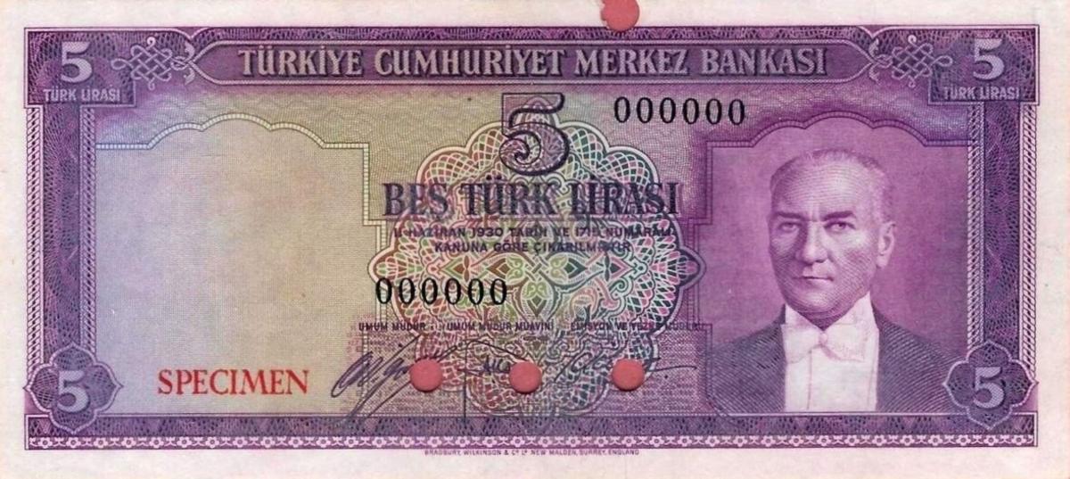 Front of Turkey p154s: 5 Lira from 1952