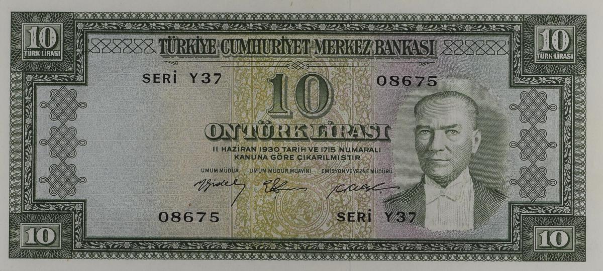 Front of Turkey p158a: 10 Lira from 1958